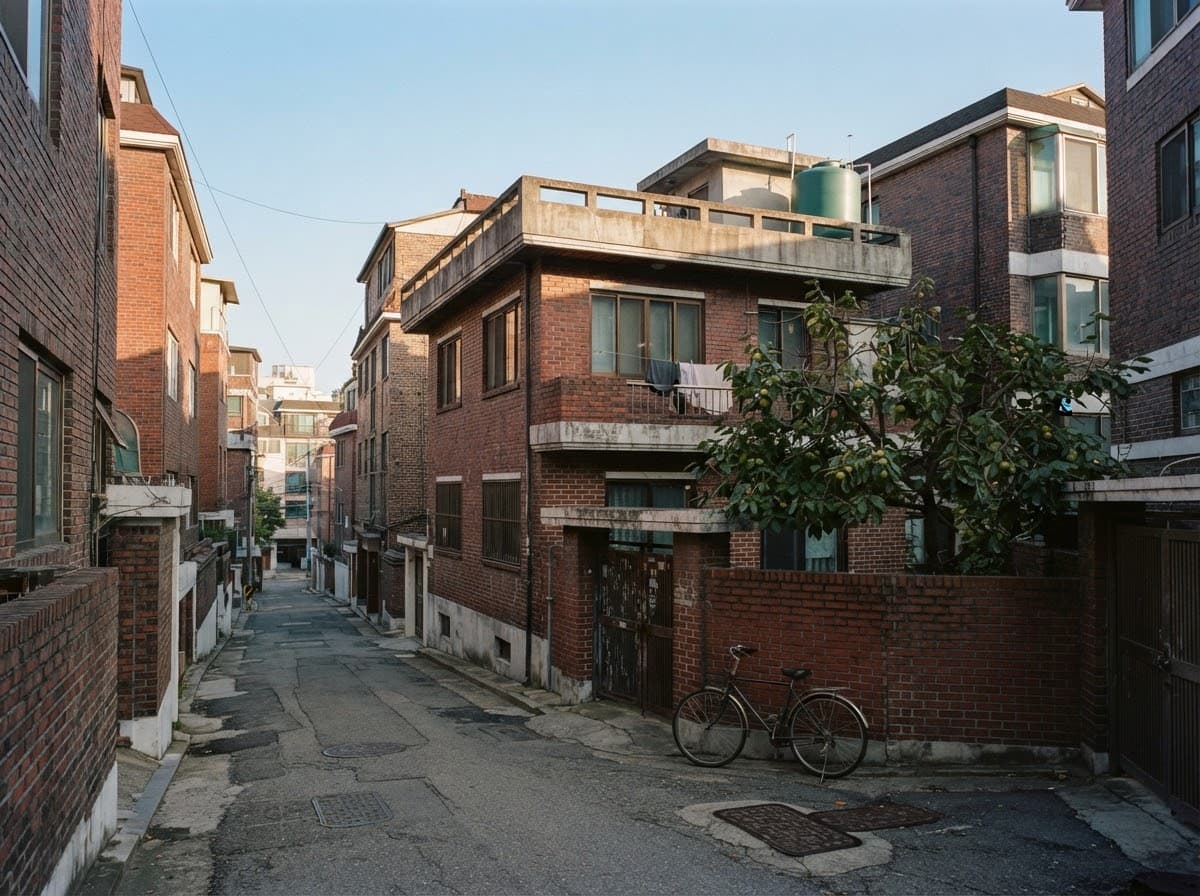 골목의 붉은 벽돌 2층 주택 — 빈 옥상과 물탱크, 옆집보다 낮아 올릴 여지