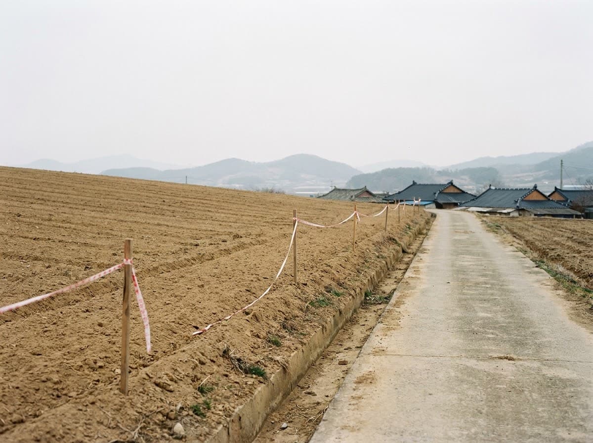 봄 밭 앞 좁은 농로 — 경계 말뚝과 배수 구거, 멀리 마을